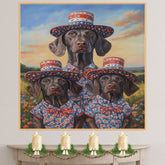 Mother German Shorthaired Pointer with Three Puppies Wearing Patriotic Hats and Outfits in a Flower Field on Ready to Hang 1.5" Thick Canvas Wrap, Floating Framed Canvas, Flat Rolled Canvas